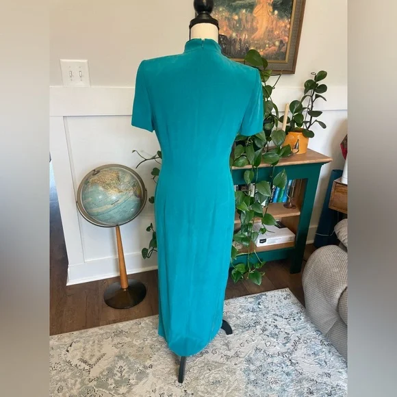Vintage Teal Liz Claiborne Silk Midi Dress w Mandarin Style Collar Short sleeve - Picture 5 of 7